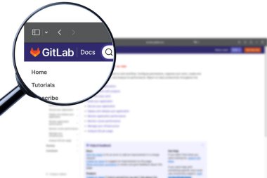 Los Angeles, Kaliforniya, ABD - 20 Martha 2023: Gitlab web sitesinin illüstrasyon editörü. Gitlab logosu ekranda görünür
