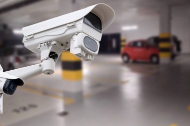 CCTV camera in underground parking garage. Copy space