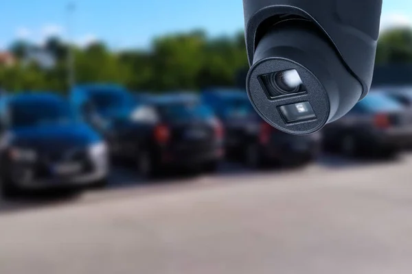 Closeup Outdoor Cctv Camera Car Parking Lot — Zdjęcie stockowe