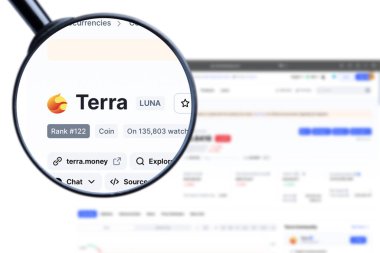 Milan, Italy - May 25, 2023: terra - LUNA website's hp. terra, LUNA coin logo visible through a loope. Defi, ntf, cryptocurrency concepts illustrative editorial clipart