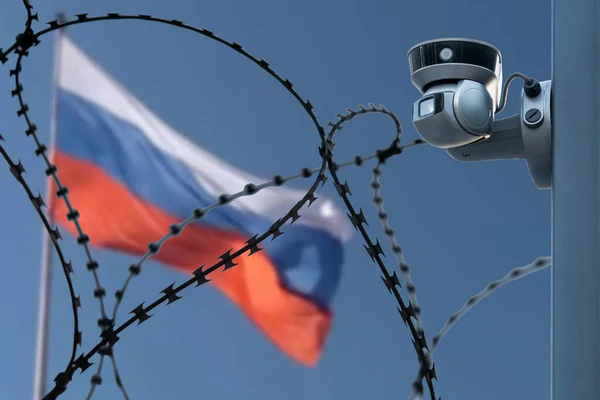 Ostnatý Drát Bezpečnostní Kamerou Pozadí Vlajky Ruska — Stock fotografie