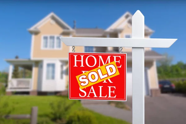 stock image Sold Home For Sale Real Estate Sign in Front of Beautiful New House