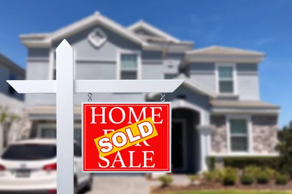 stock image Sold Home For Sale Real Estate Sign in Front of Beautiful New House