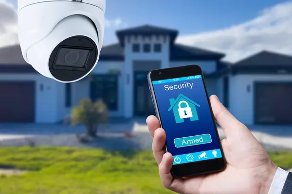 Videocamera Sicurezza App Smart Home Casa Privata Sullo Sfondo Foto Stock Royalty Free