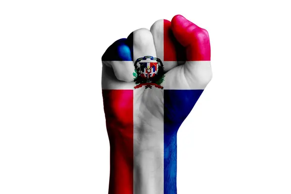 Man Hand Knytnäve Dominiska Republic Flagga Målade Närbild — Stockfoto