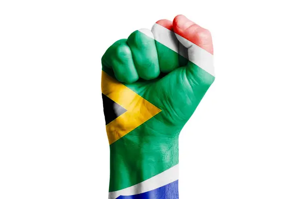 Man Hand Knytnäve South Africa Flagga Målade Närbild — Stockfoto