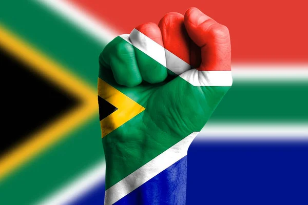 Punho Mão Homem Bandeira África Sul Pintado Close — Fotografia de Stock