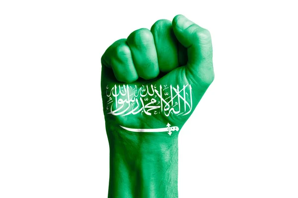 Muž Ruka Pěst Saudi Arabia Vlajka Maloval Detailní Záběr — Stock fotografie