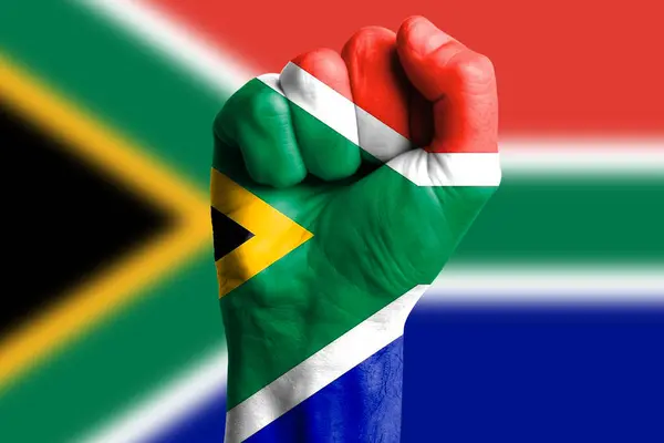 Férfi Kéz Ökölbe Szorította South Africa Zászlót Közelkép Jogdíjmentes Stock Fotók