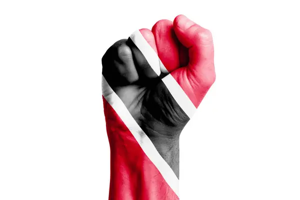 Man Hand Knytnäve Trinidad Flagga Målade Närbild — Stockfoto