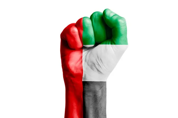 Puño Mano Hombre Bandera Los Emiratos Árabes Unidos Pintado Primer — Foto de Stock