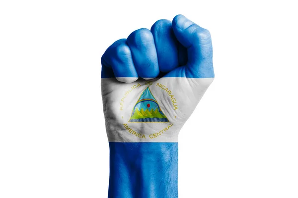 Ręczna Pięść Malowanej Flagi Nicaragua Zbliżenie — Zdjęcie stockowe