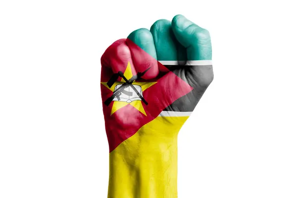 Punho Mão Homem Bandeira Mozambique Pintado Close — Fotografia de Stock