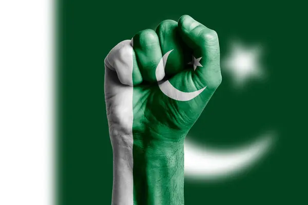 Människans Hand Knytnäve Pakistan Flagga Målad Närbild — Stockfoto