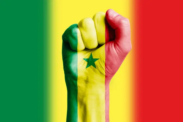 Ręczna Pięść Senegalskiej Flagi Namalowana Zbliżenie — Zdjęcie stockowe