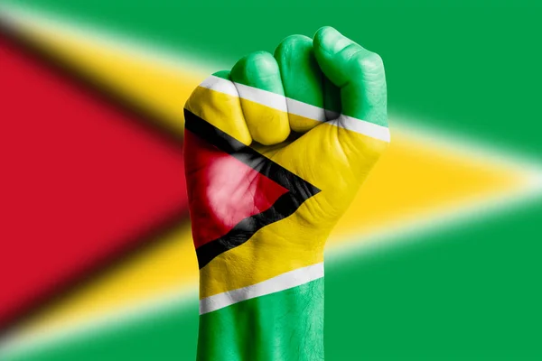 Man Hand Fist Guyana Flag Painted Close — Stock Photo, Image