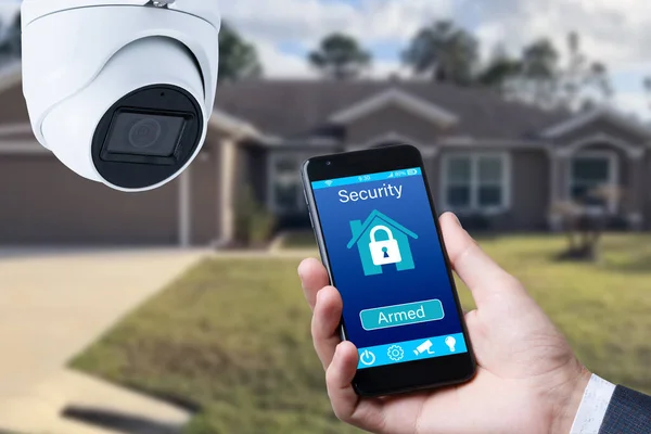 Videocamera Sicurezza App Smart Home Casa Privata Sullo Sfondo — Foto Stock