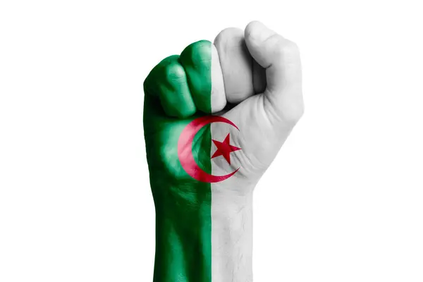 Ręczna Pięść Malowanej Flagi Algerii Zbliżenie — Zdjęcie stockowe