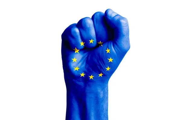 Man Hand Fist Europe Flag Painted Close — Stock Photo, Image