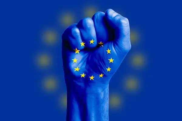 Man Hand Fist Europe Flag Painted Close — Stock Photo, Image