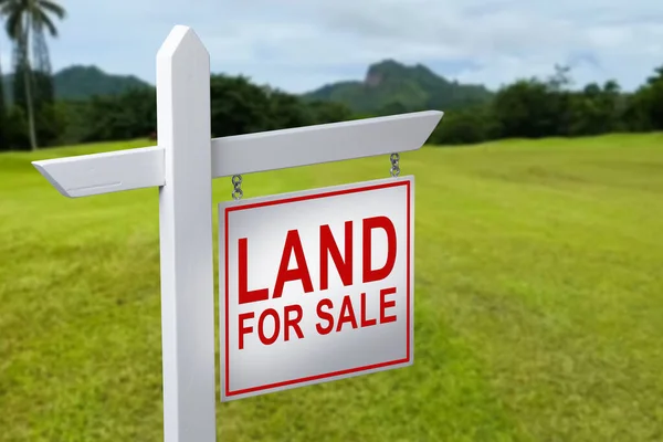 land for sale sign against trimmed lawn background. land plot for housing construction project in rural area and beautiful blue sky with fresh air