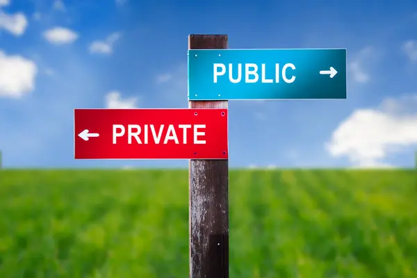 Private or Public - Traffic sign with two options - services and companies owned by state or private businessman. Socialist Capitalist question of privatization, school system, health service