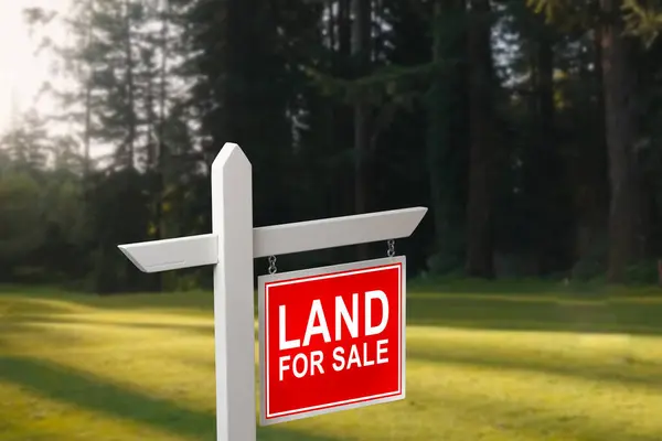 land for sale sign against trimmed lawn background. land plot for housing construction project in rural area and beautiful blue sky with fresh air