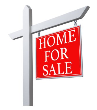 kırmızı beyaz bir arka plan üzerinde izole Satılık Emlak simgesi için ev