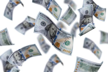 Dolar banknotlar uçan beyaz bir arka plan üzerinde izole. Para havada uçuyor. 100 ABD banknotlar yeni örnek