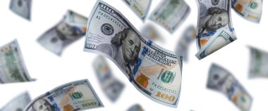Dolar banknotlar uçan beyaz bir arka plan üzerinde izole. Para havada uçuyor. 100 ABD banknotlar yeni örnek