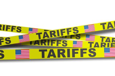 ABD sınır ticaret politikalarının sıkılaştırılmasını yansıtan gümrük vergisi bantlarıyla işaretlenmiş sanayi konteynerleri.