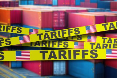 Kargo konteynırları, ticari kısıtlamaları ve ithalat engellerini simgeleyen ABD gümrük vergisi bantlarıyla kapatıldı.