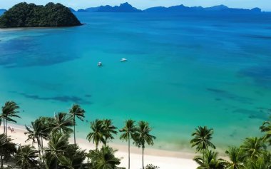 Havadan bakıldığında turkuaz okyanus suyu ve zengin palmiye ormanlarıyla sakin tropikal kıyılar..