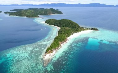 Bereketli yaprakları, berrak gökyüzü ve turkuaz suları olan huzurlu bir tropikal adanın insansız hava aracı fotoğrafı..