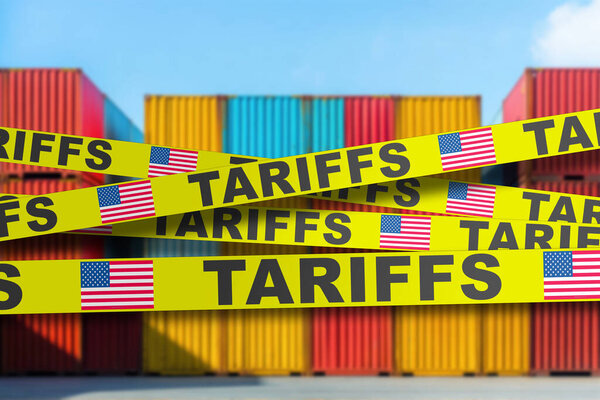 Экспортные грузы задержаны американскими тарифными барьерами, контейнеры окружены лентой регулирования.