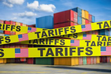 ABD yasaları uyarınca ithalat-ihracat sorunlarını gösteren gümrük vergisi bandıyla kapatılmış kargo birimleri.