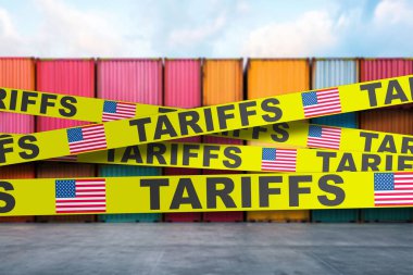 ABD gümrük vergisi bandı uluslararası ticaret sorunlarını sembolize ederek kargo konteynerlerini çevreledi.