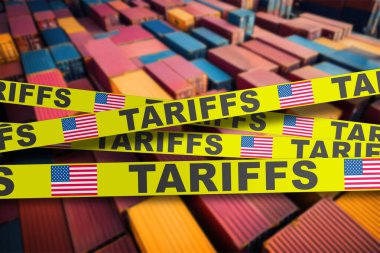 ABD gümrük vergisiyle izole edilmiş kargo konteynırları, engellenmiş uluslararası ticaret yollarının sembolü.