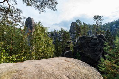 Rock towers of Adrspasske skaly rock town from Velke panorama viewpoint in Czech republic