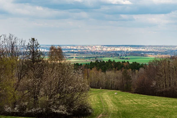 Frydek-Mistek city from meadow bellow Metylovicka hurka hill summit in Czech republic during springtime day with blue sky and clouds