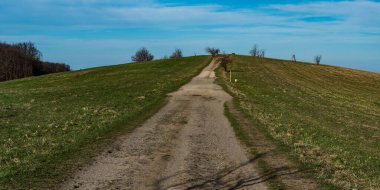 Dirt road with meadow and few trees on Velka Javorina hill in Bile Karpaty mountains on czech - slovakian borders during springtime morning