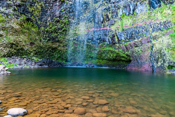 stock image Lagoa do Vento lake with waterfall above in Madeira