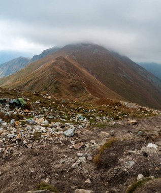 Slovakya 'nın batı Tatras dağlarında sonbaharda Koncista tepesinden Klin tepesine bakın - Polonya sınırları