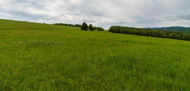Nedasova Lhota 'nın yukarısındaki Bahar Zamanı Bile Karpaty dağları - Slovakya sınırında çayırları ve ormanları olan