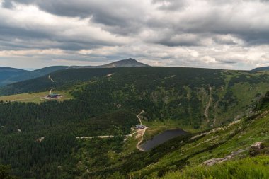 Maly Staw with Schronisko Samotnia hut, Strzecha Akademicka hut and Sniezka hill in Karkonosze mountains in polish - czech borderland clipart