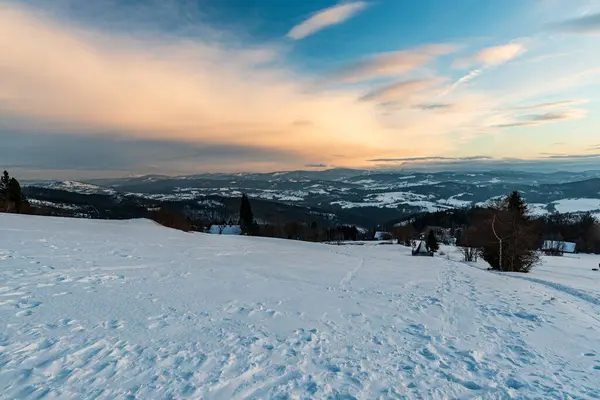 Prachtig Uitzicht Vanaf Bahenec Slezske Beskydy Bergen Tsjechië Tijdens Winter Stockafbeelding