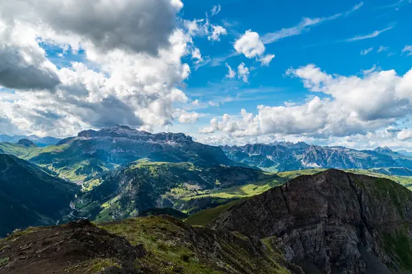 stock image Sella and Puez-Odles mountain groups from Col di Lana mountain peak in the Dolomites during summer