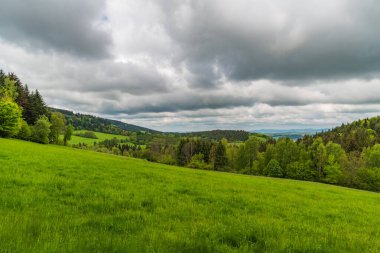 Springtime Bile Karpaty mountains with hills covered by meadows and forest - view above Strelna village in Czech republic near borders with Slovakia clipart