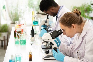 Bir grup mikrobiyolog mikroskop içinde laboratuvar yetiştirilmiş sebze eti örneğine bakıyor. Bitki temelli çalışan bir tıp bilimcisi. Mikroskop kullanarak tıbbi biyoteknoloji araştırma laboratuvarı.
