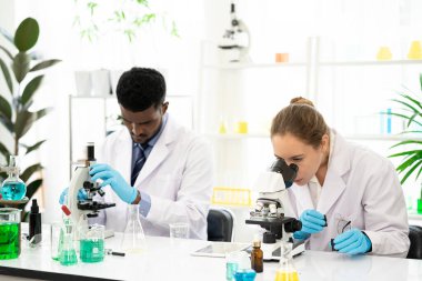Bir grup mikrobiyolog mikroskop içinde laboratuvar yetiştirilmiş sebze eti örneğine bakıyor. Bitki temelli çalışan bir tıp bilimcisi. Mikroskop kullanarak tıbbi biyoteknoloji araştırma laboratuvarı.